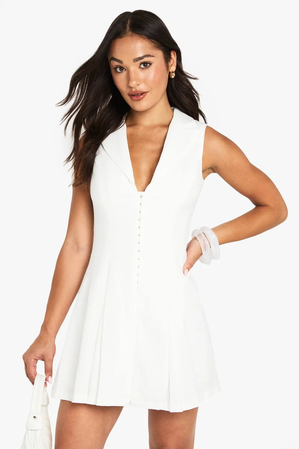 Tailored Hook & Eye Detail Cinched Waist Sleeveless Blazer Dress