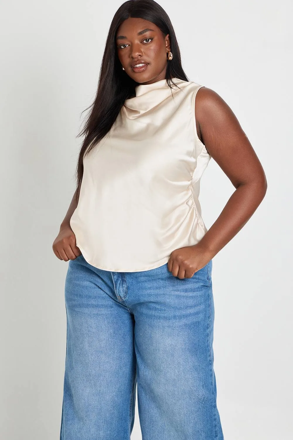 Satin Drape Ruched Side Top by boohoo