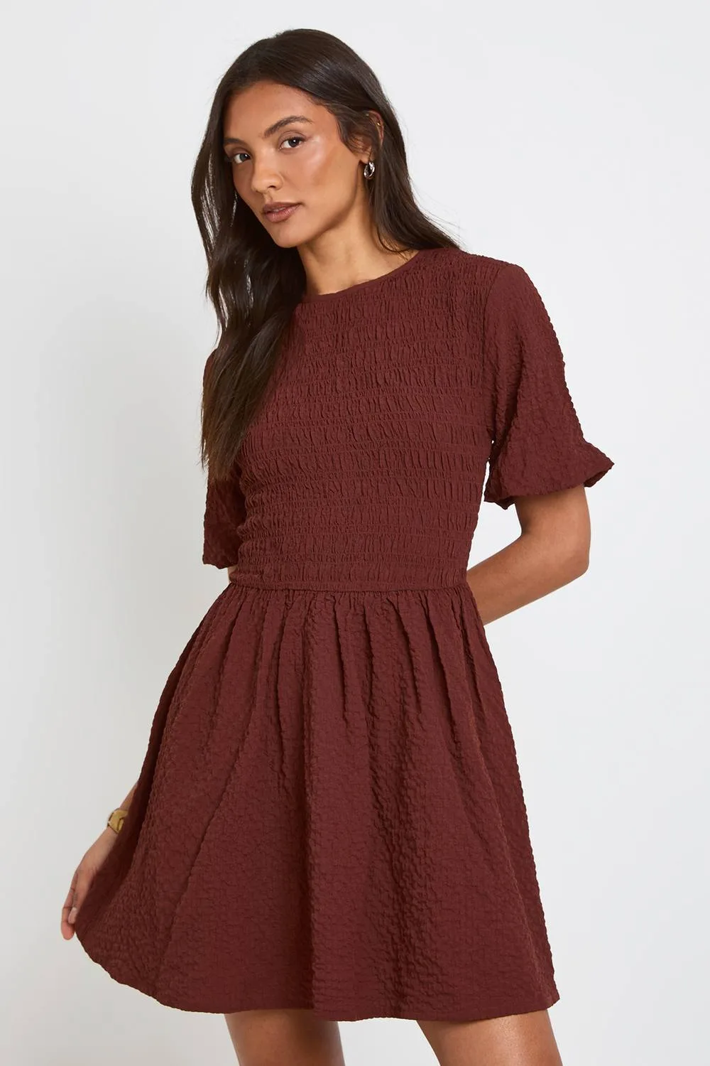 Textured Volume Sleeve Mini Dress by boohoo