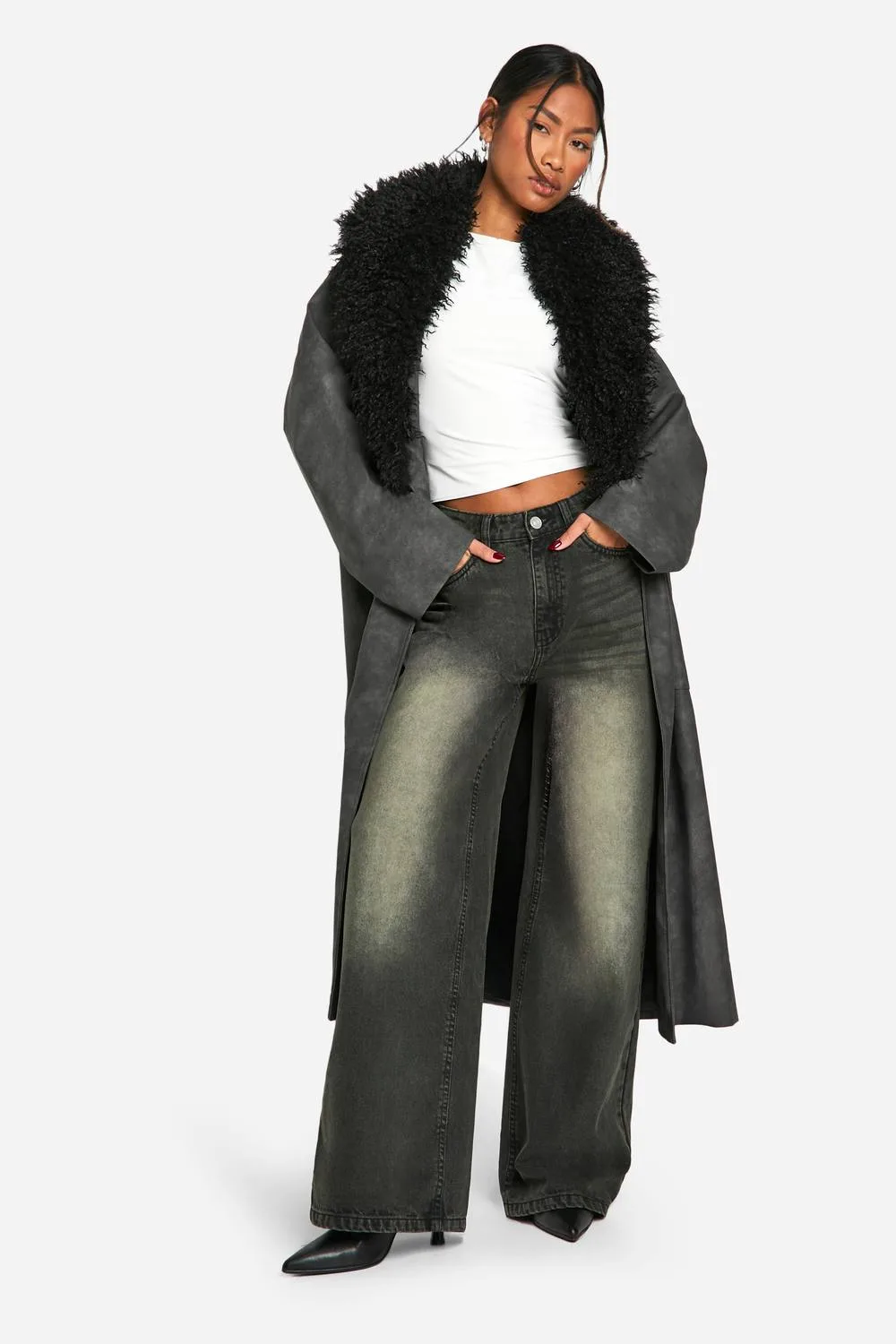 Faux Fur Collar Vintage Look Faux Leather Trench Coat by boohoo