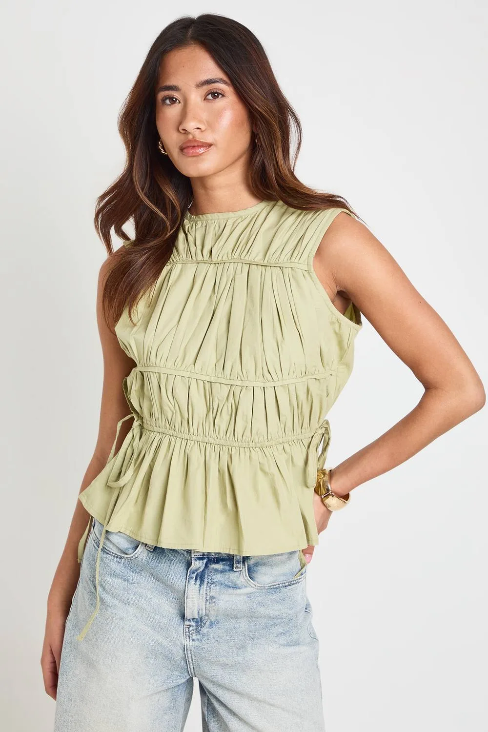 Poplin Shirred High Neck Top by boohoo