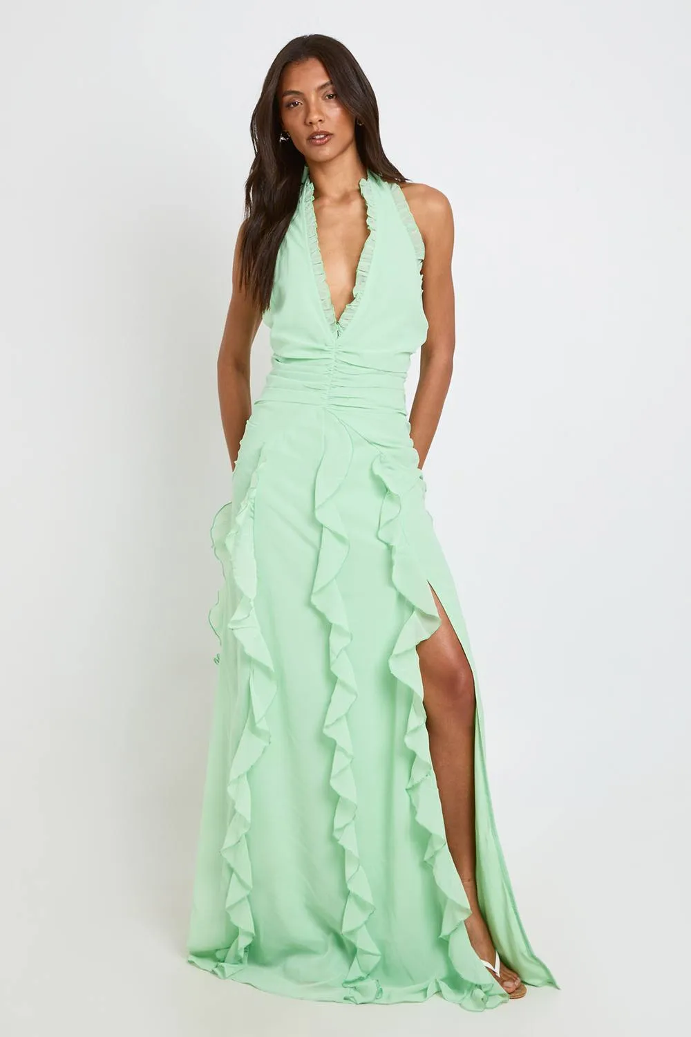 Chiffon Ruffle Detail Halterneck Maxi Dress by boohoo
