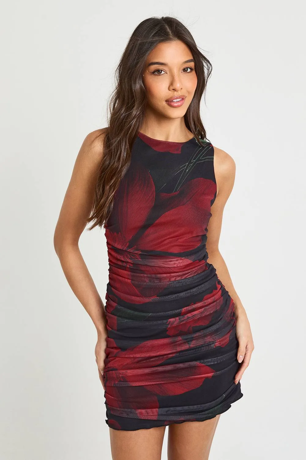 Printed Ruched Mini Dress by boohoo