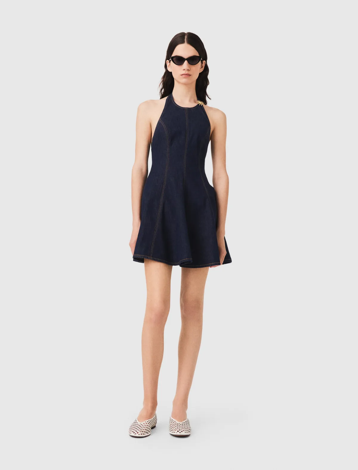 Short Denim Dress with Brooch by Maje