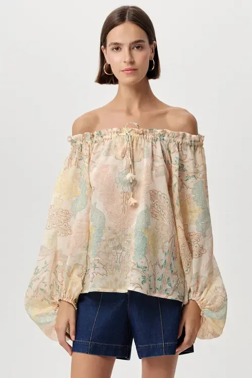Uliana Off Shoulder Tie Neck Long Sleeve Blouse by Exquise