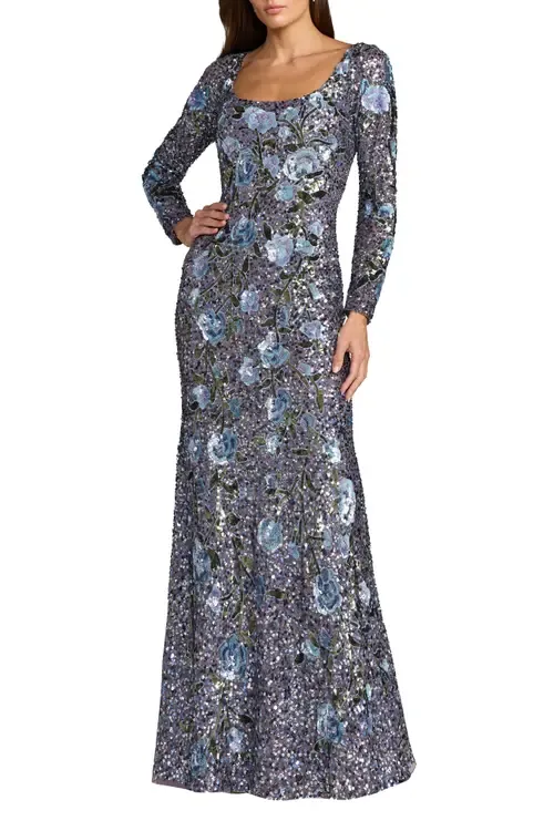 Floral Beaded Mesh Long Sleeve Square Neck Gown by Mac Duggal
