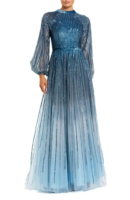 Sequin Mesh Ombre Bishop Sleeve A-Line Gown by Mac Duggal
