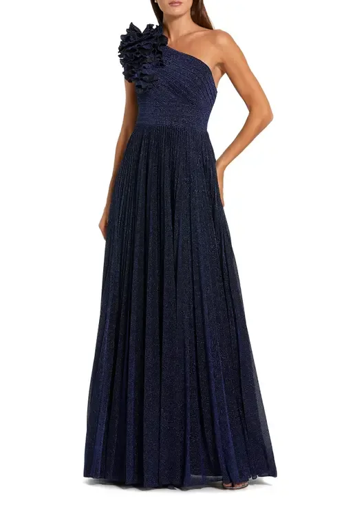 Pleated One Shoulder Ruffle Gown by Mac Duggal