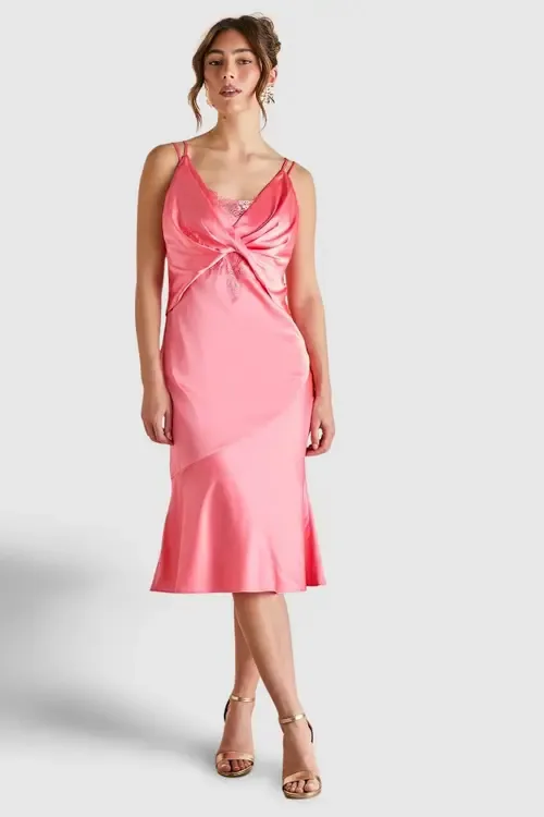 Lace Insert Satin Fitted Dress by Coast