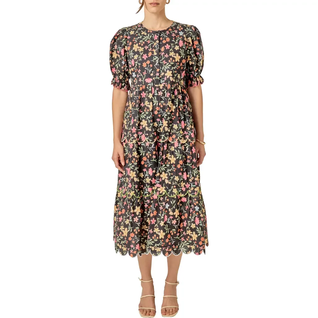 Scallop Edge Floral Print Midi Dress by English Factory
