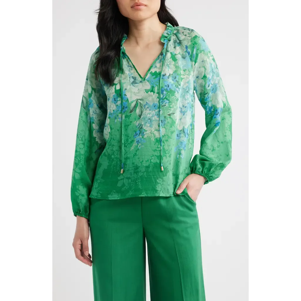 Floral Ruffle Balloon Sleeve Chiffon Top by Tahari ASL