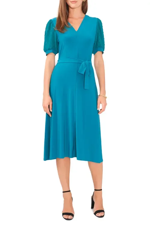 Clip Dot Puff Sleeve Tie Front Midi Dress by Chaus