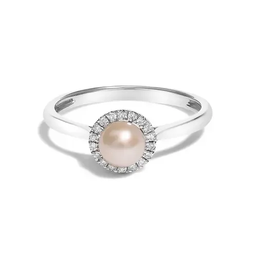 10K White Gold 5MM Pearl and Diamond Halo Ring by Haus of Brilliance