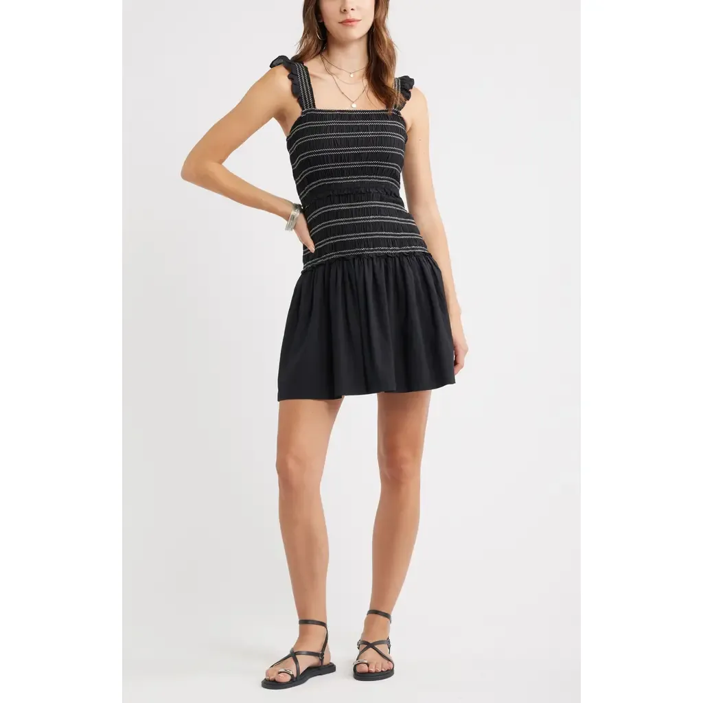 Ruffle Smocked Drop Waist Cotton Blend Minidress by Treasure & Bond
