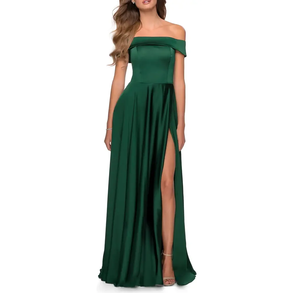 Satin Off the Shoulder Evening Dress with Pockets by La Femme