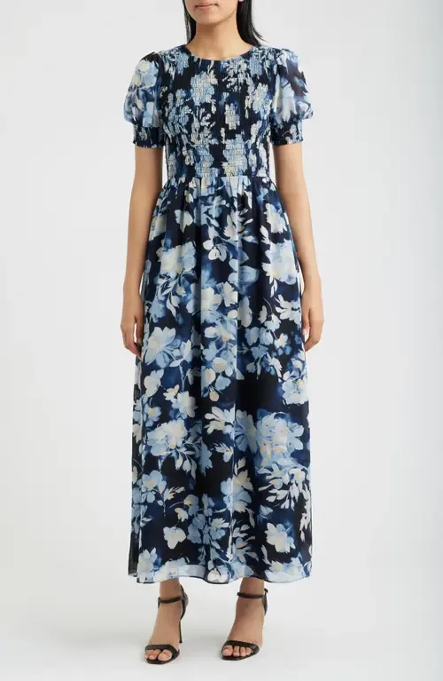 Smocked Puff Sleeve Maxi Dress by Anne Klein