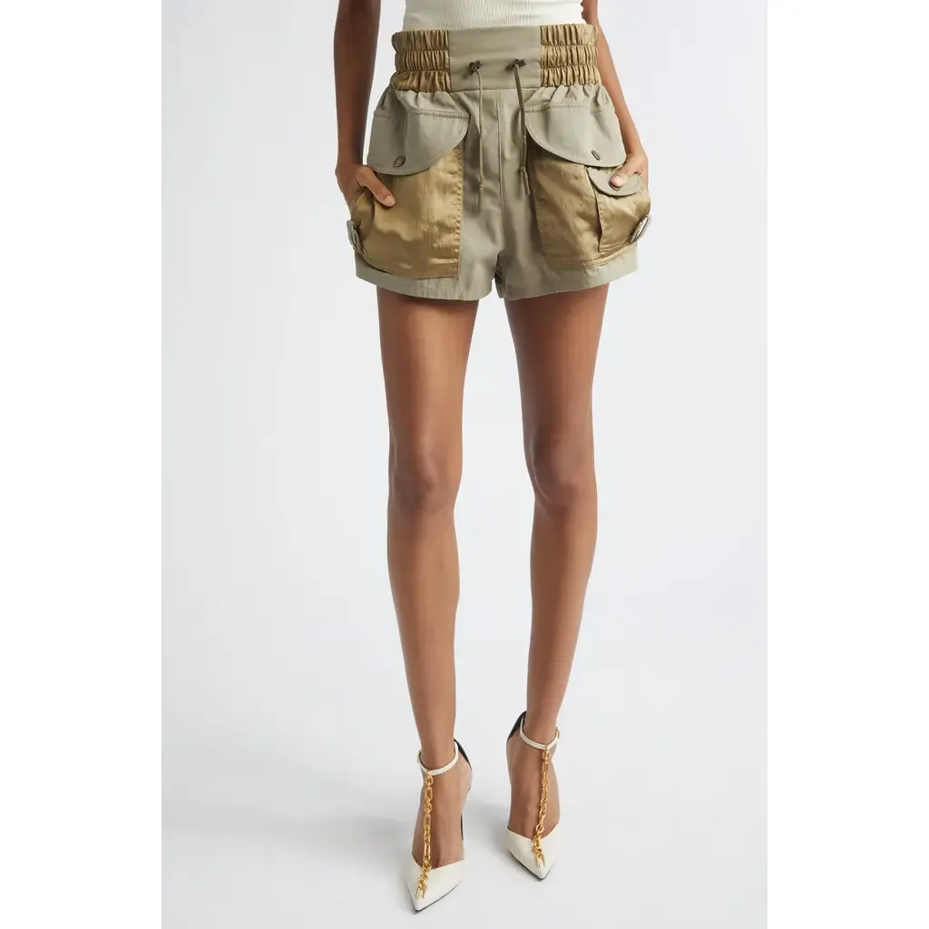 High Waist Multipocket Cotton Twill & Nylon Shorts by Balmain