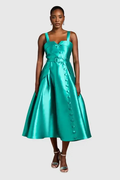 Button-Trim Belted Full Skirt Midi Dress by Coast