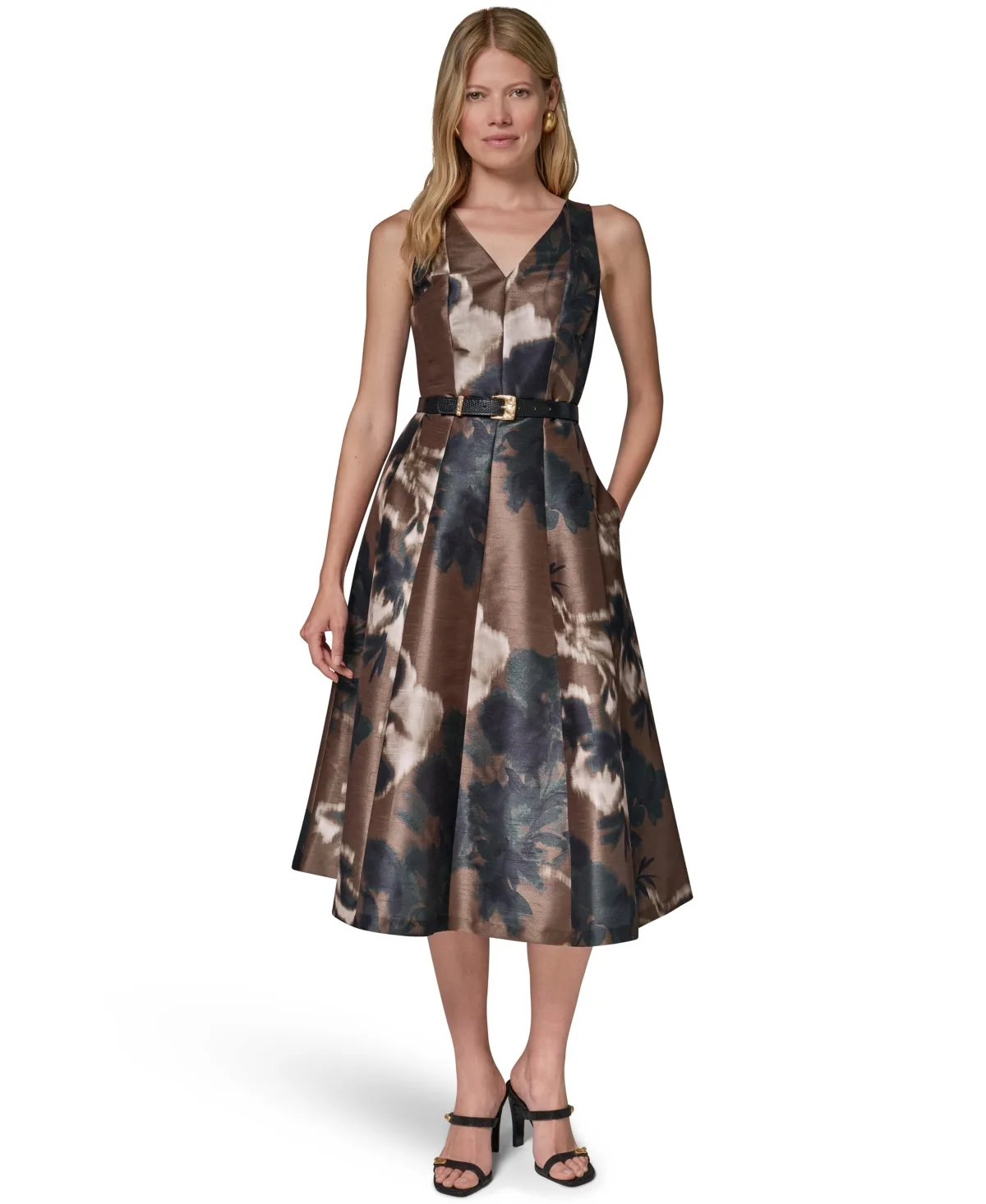 Dupion Print Belted Midi Dress