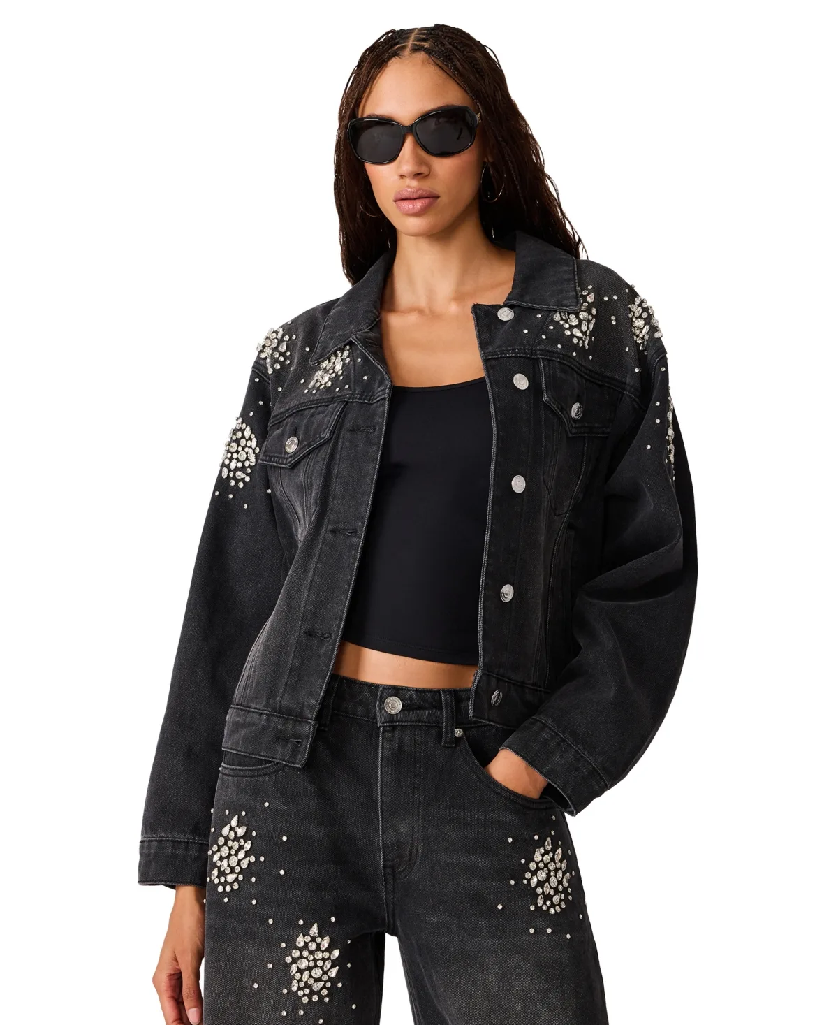 Clarke Denim Cropped Embellished Jacket by Steve Madden