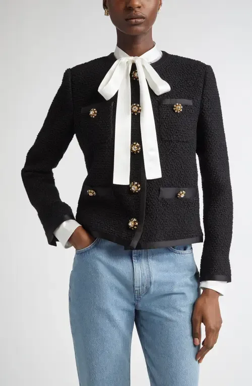 Bejeweled Button Crop Bouclé Tweed Jacket by Dolce&Gabbana