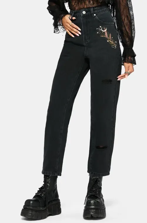 Abellona Embroidered Denim Mom Jeans by Disturbia