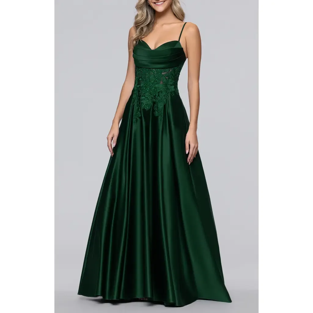 Sequin Lace Detail Satin Gown by Blondie Nites