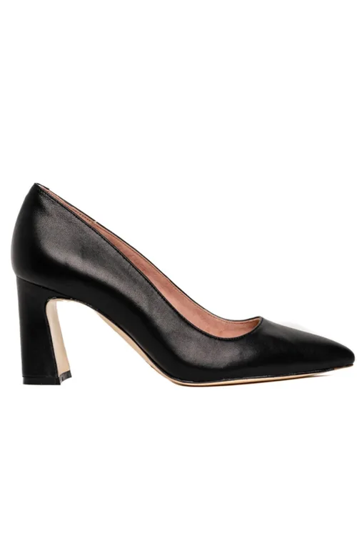 Bold Block Heel Pump in Black Leather by ALLY Shoes