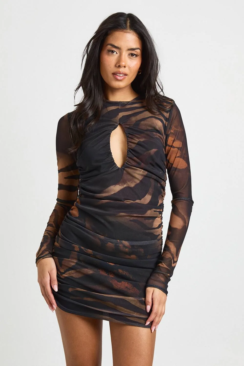 Animal Ruched Mesh Keyhole Mini Dress by boohoo