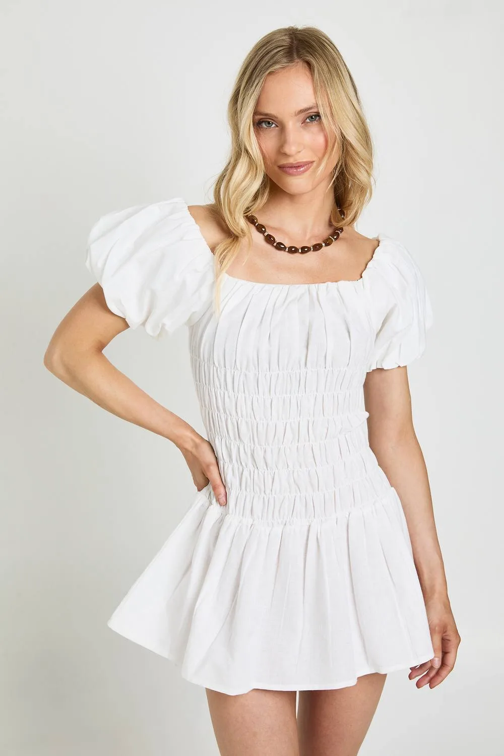 Linen Look Puff Sleeve Shirred Mini Dress by boohoo