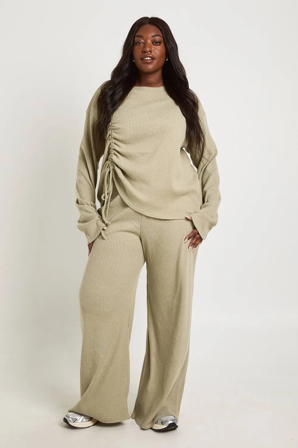 Front Ruched Long Sleeve Top & Wide Leg Lounge Set by boohoo