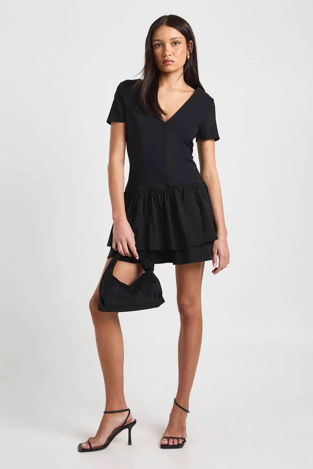 Bengaline V Neck Gathered Skirt Mini Dress by boohoo