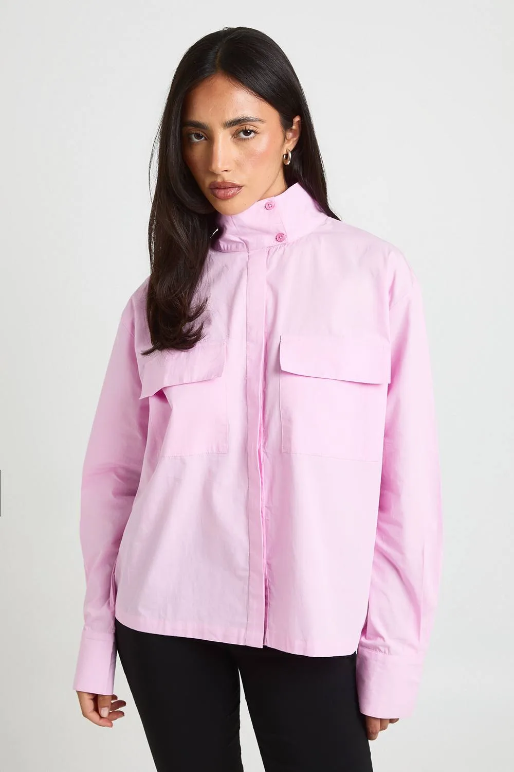 Cotton Funnel Neck Utility Shirt by boohoo