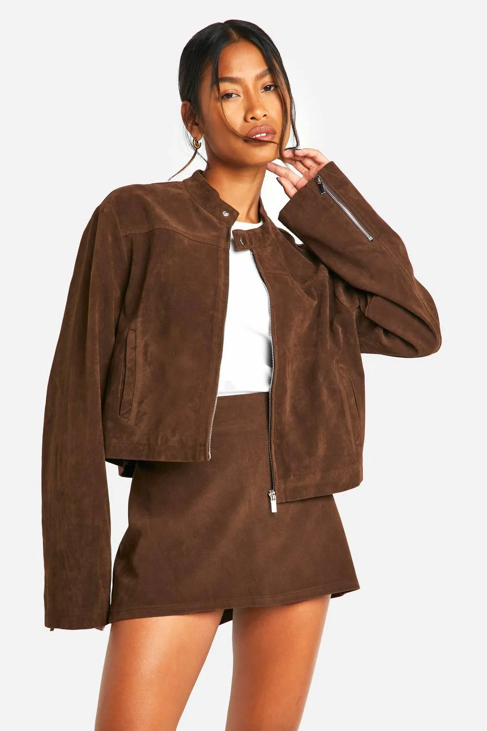 Vintage Suede Look Zip Up Jacket by boohoo