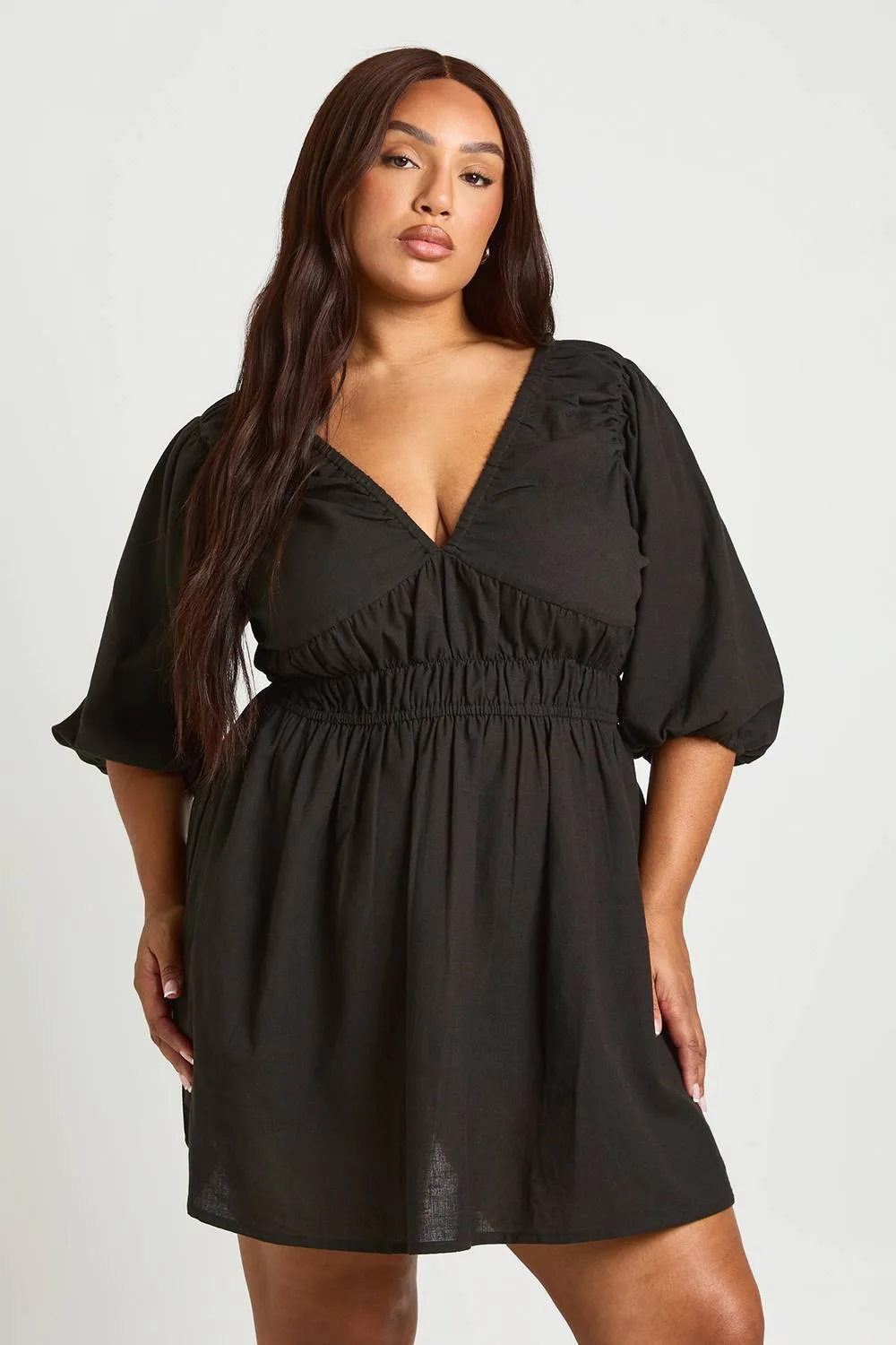 Linen Look Puff Sleeve Shirred Waist Skater Dress by boohoo