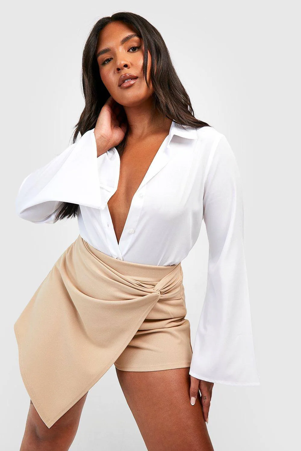 Knot Detail Wrap Skort - Stone by boohoo
