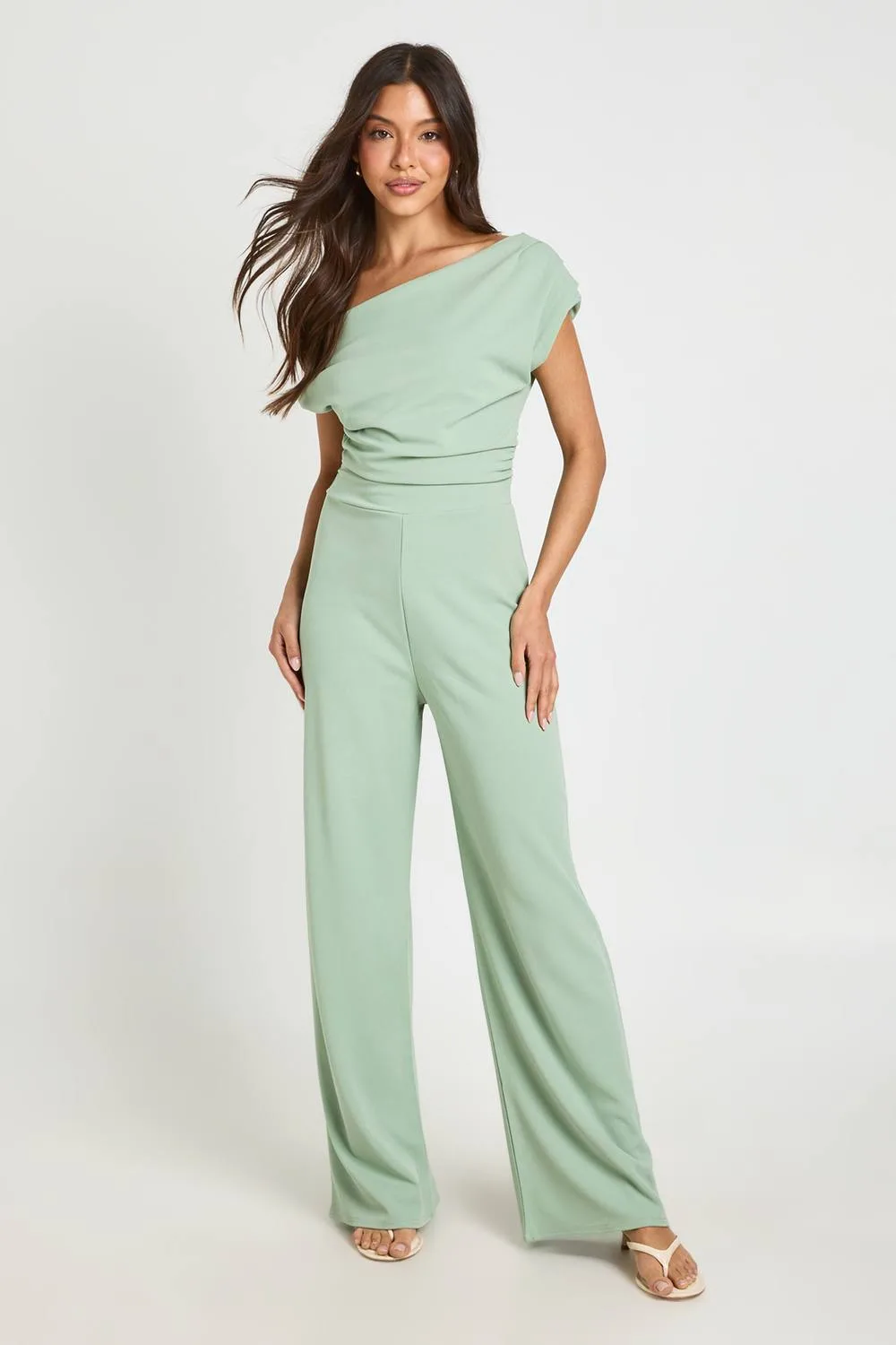 Jersey Crepe Drape Shoulder Wide Leg Jumpsuit