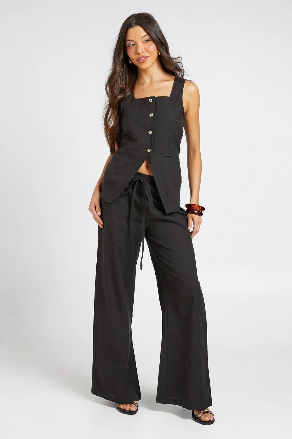Linen Look Square Neck Waistcoat & Tailored Wide Leg Trousers Co-Ord by boohoo
