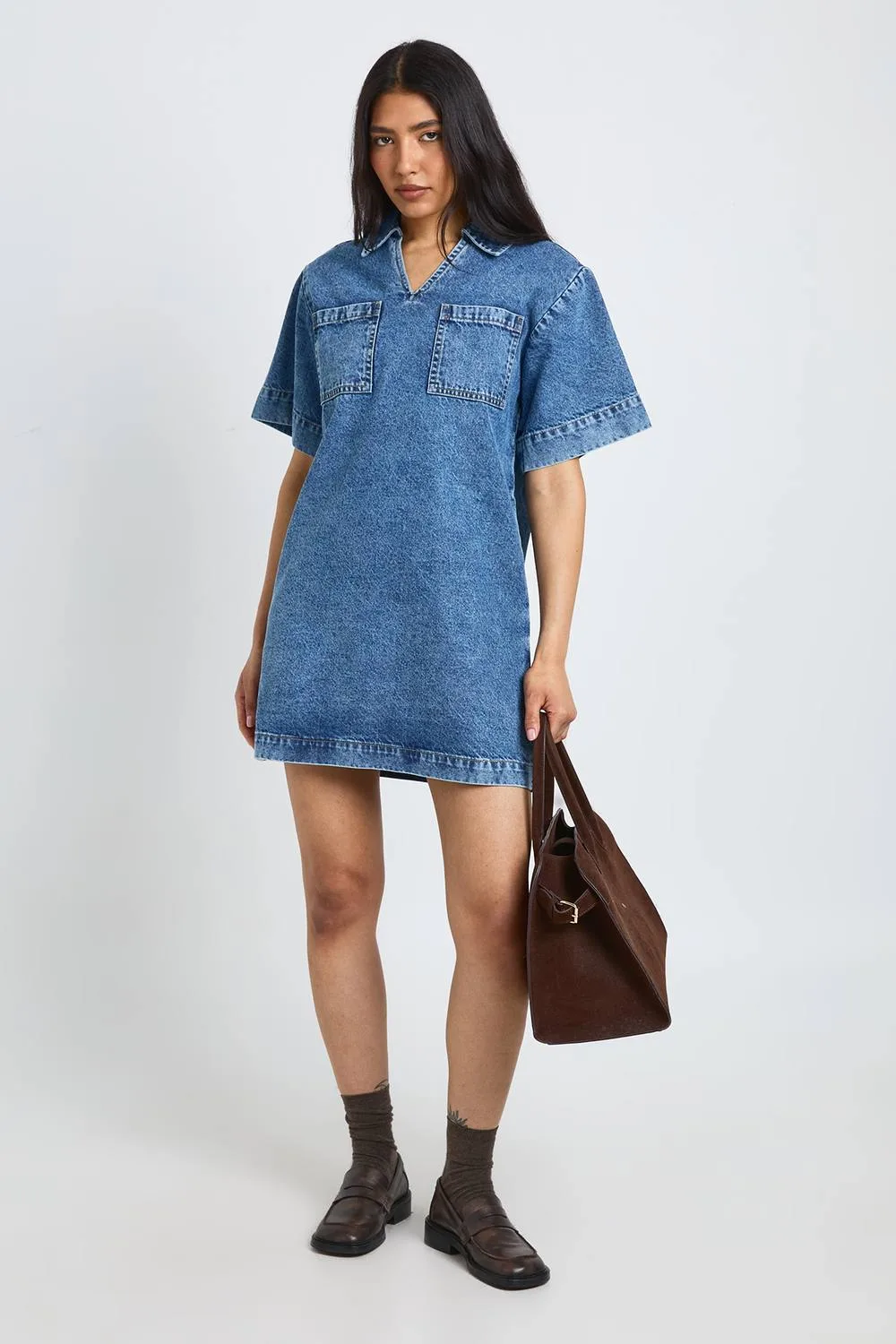 Boxy Short Sleeve Denim Dress by boohoo