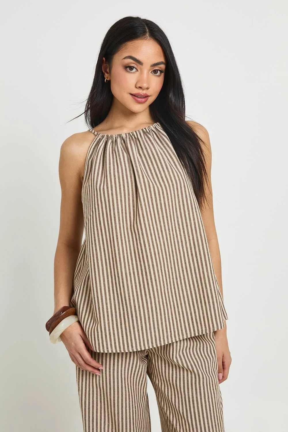 Linen Look Stripe Halter Neck Top by boohoo