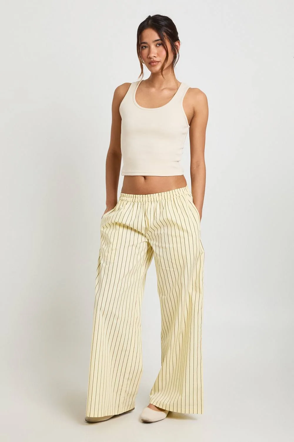 Stripe Cotton Low Rise Wide Leg Trouser by boohoo