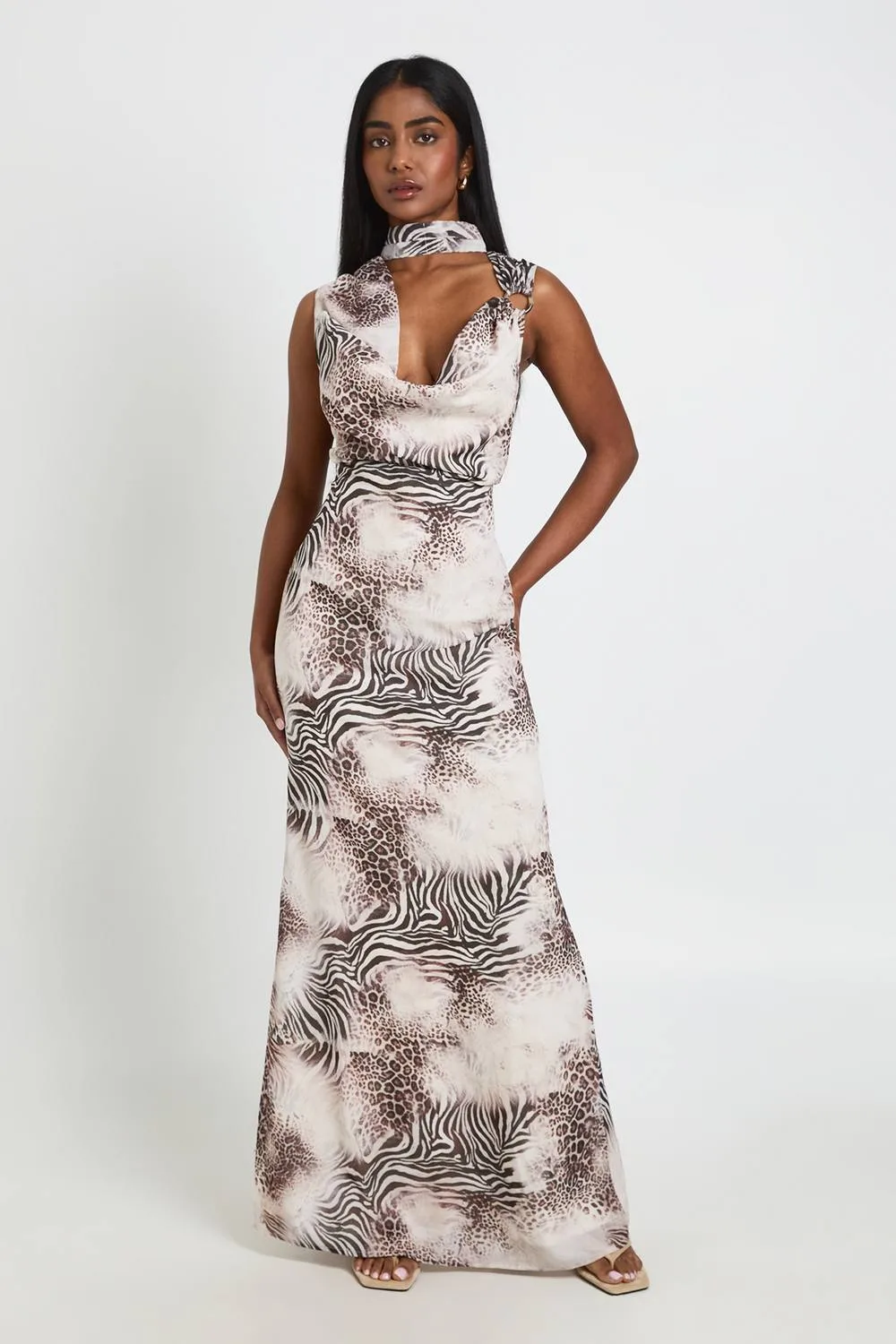 Tonal Animal Print Maxi Dress with Scarf Detail - Stone
