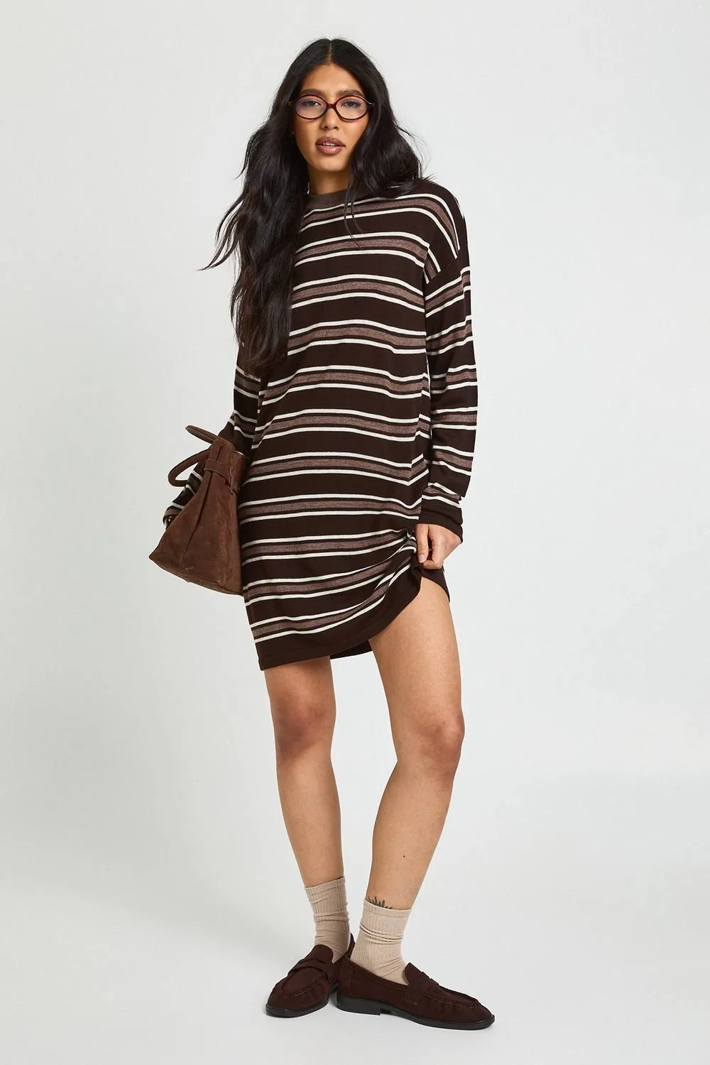 Stripe Long Sleeve Knitted Mini Dress by boohoo