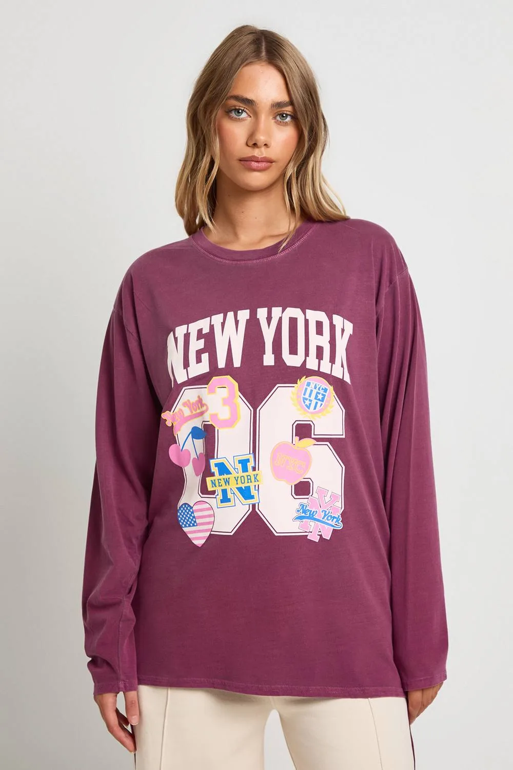 Stickered Varsity Printed Oversized Long Sleeve T-Shirt by boohoo