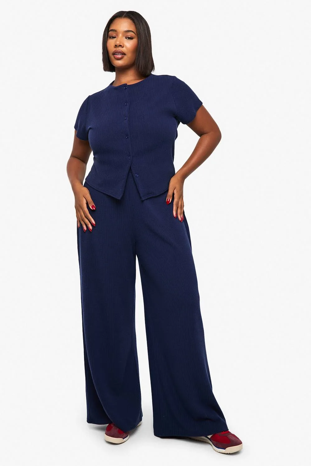 Crinkle Rib Button Through Cap Sleeve Top & Trouser Set by boohoo