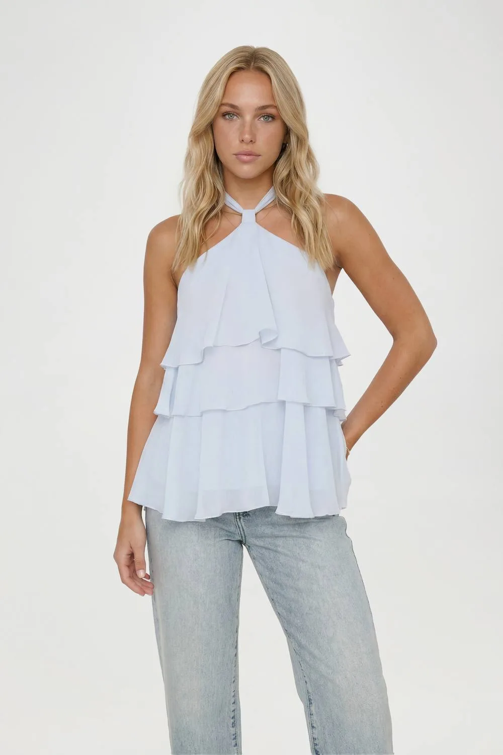 Chiffon Tiered Halterneck Top by boohoo