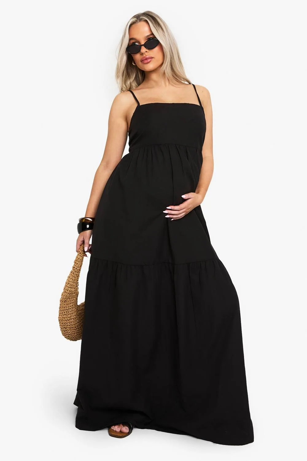 Maternity Tiered Linen Look Strappy Maxi Dress