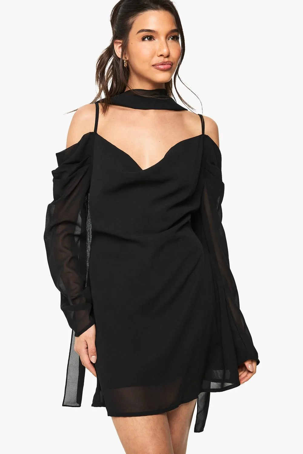 Chiffon Scarf Detail Cold Shoulder Mini Dress by boohoo