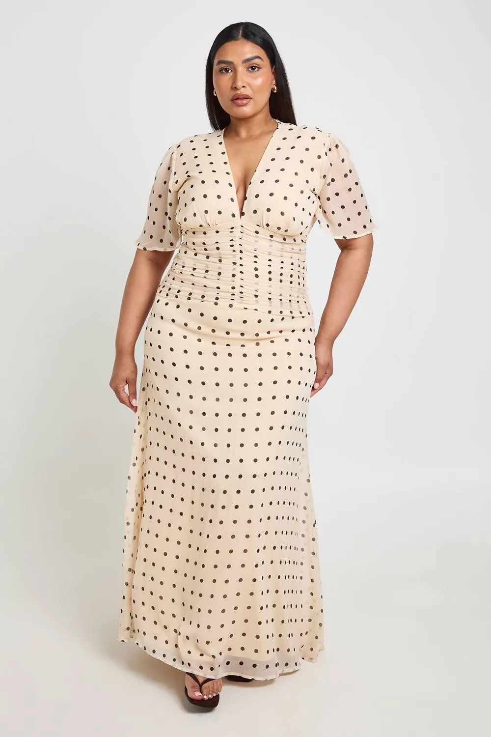 Polka Dot Chiffon Ruched Waist Maxi Dress by boohoo