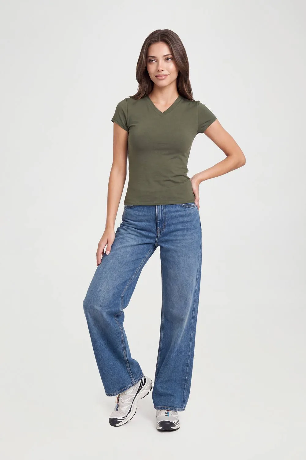 Matte Slinky V Neck Baby T-Shirt by boohoo